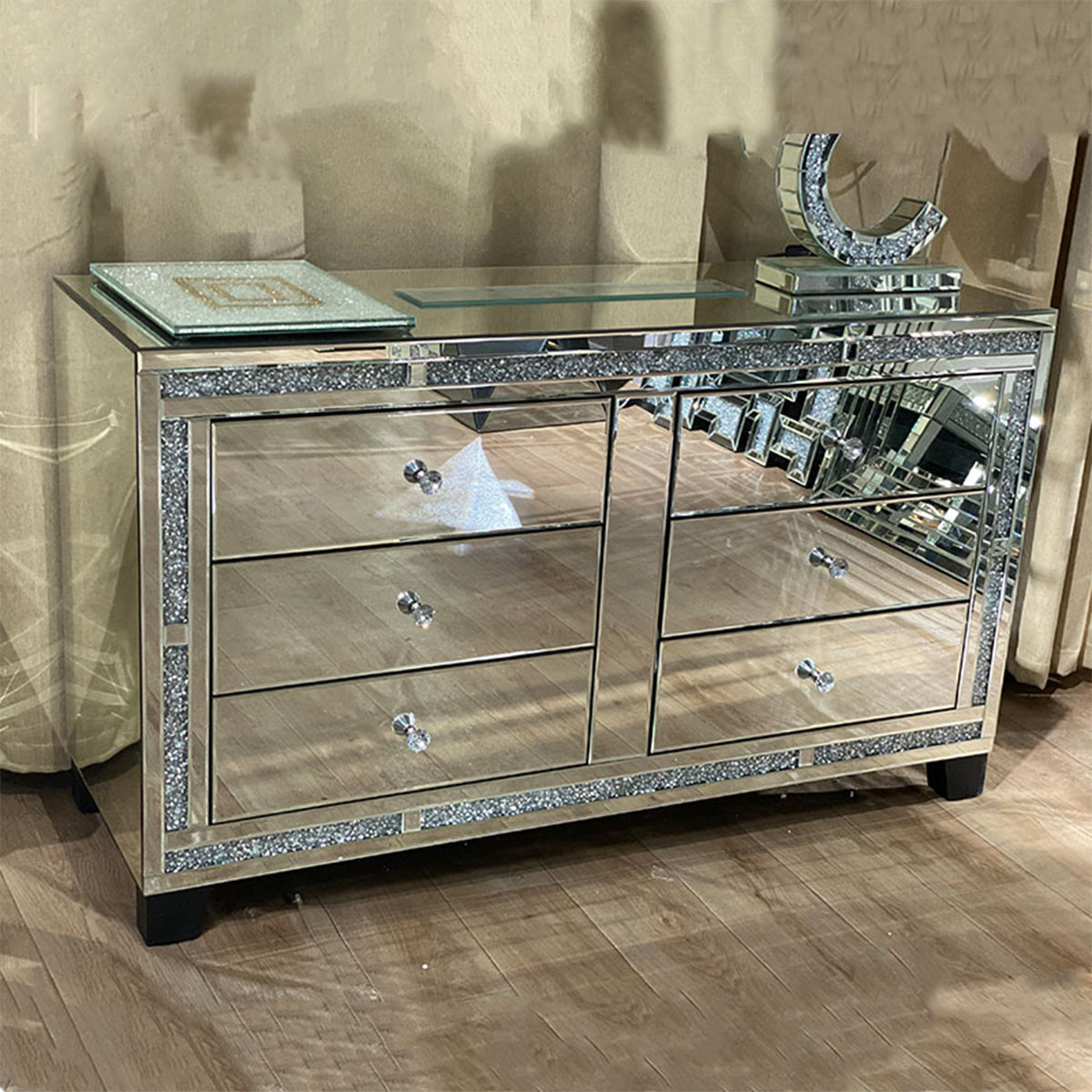 6 Drawers Mirrored Chest with Crushed Diamonds